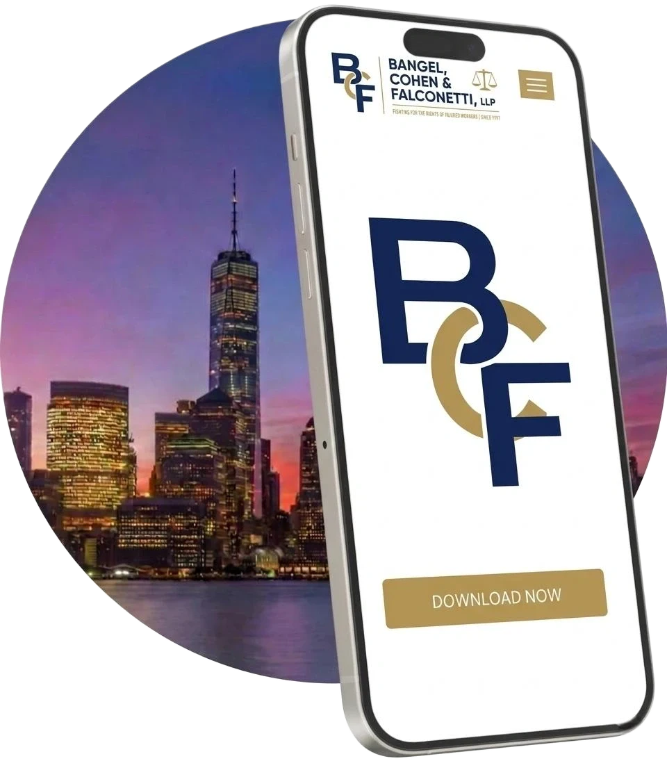 Promotional image of a smartphone showing a navy R&F app screen with a gold “Download Now” button, against New York’s dusk skyline.
