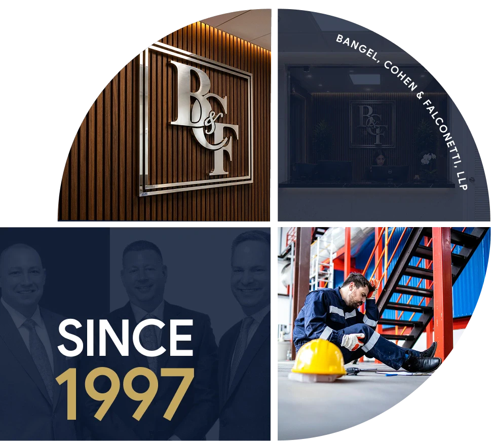 Collage of Bangel, Cohen & Falconetti office, injured worker, and text reading “Since 1997” with the firm name Bangel, Cohen & Falconetti.